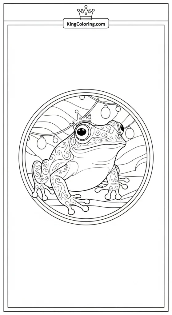 Frog coloring pages depicting a frog inside a circular frame