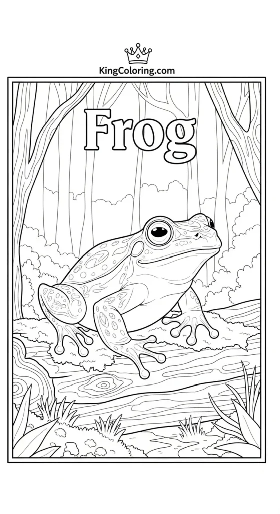 Frog coloring pages depicting a frog on a mossy log, forest vibe