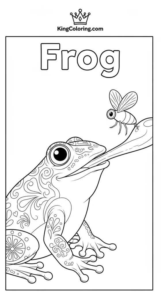 Frog coloring pages illustrating a frog catching a fly with its tongue