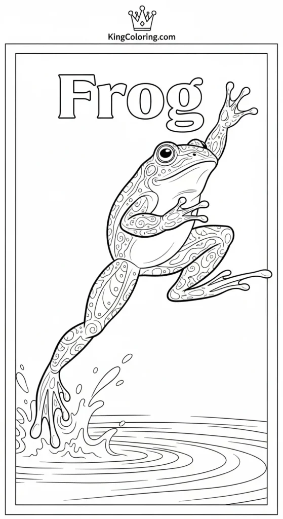 Frog coloring pages illustrating a frog in mid-jump over water