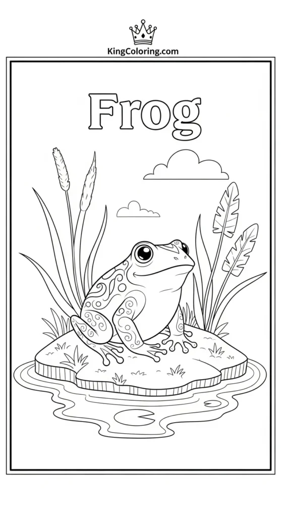 Frog coloring pages illustrating a frog on a small pond island