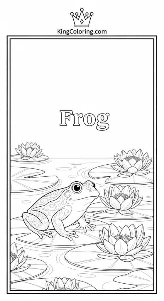 Frog coloring pages showing a frog beside floating water lilies,