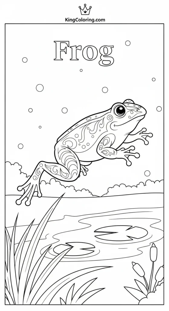Frog coloring pages showing a frog leaping across a pond