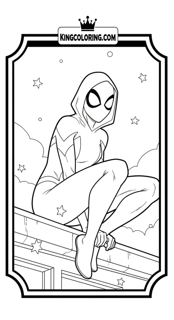 Ghost Spider coloring pages depicting Ghost Spider perched on a ledge
