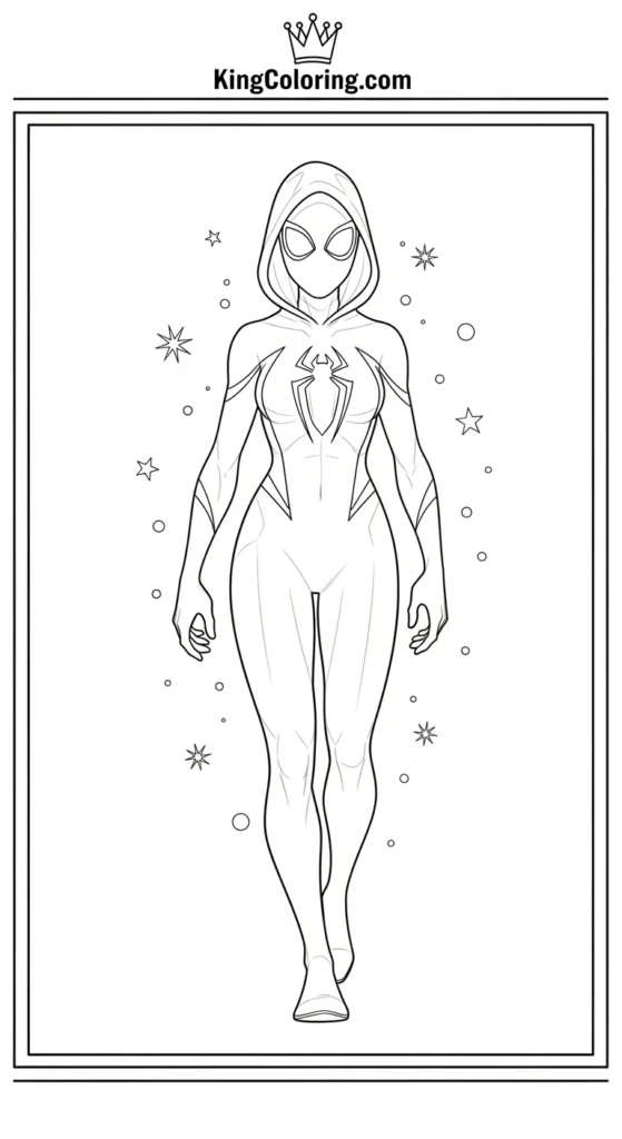 Ghost Spider coloring pages illustrating Ghost Spider sitting in a balanced crouch