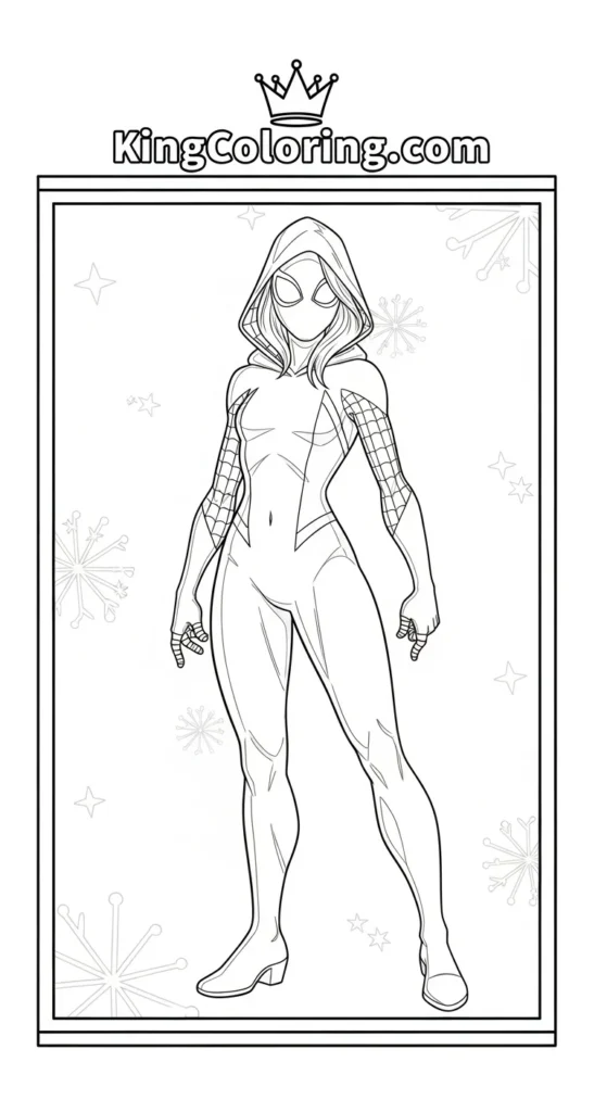 Ghost Spider coloring pages showing Ghost Spider posing with one leg forward