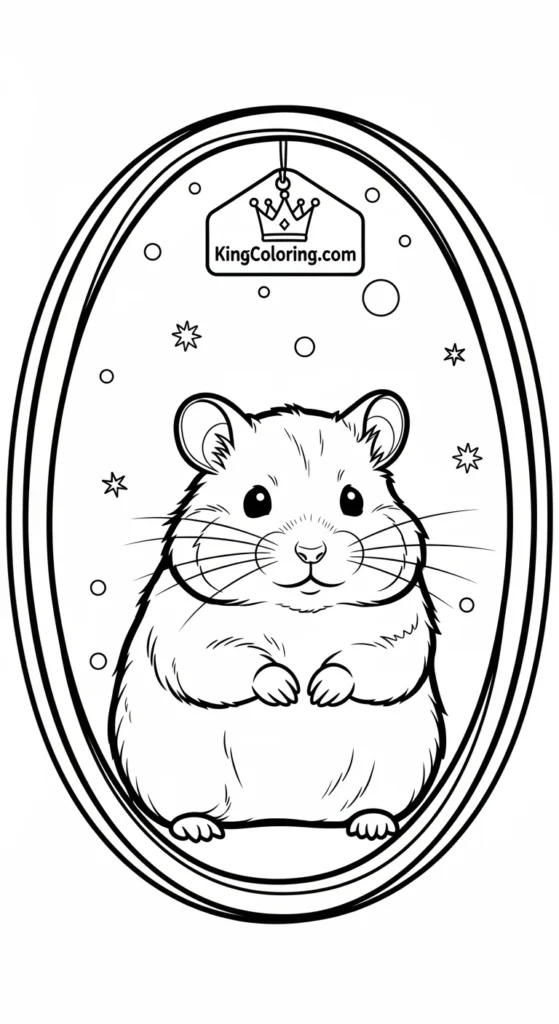 Hamster coloring pages depicting a small hamster sitting inside an oval frame