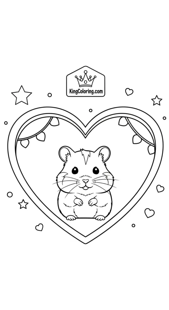 Hamster coloring pages depicting a tiny hamster inside a heart-shaped