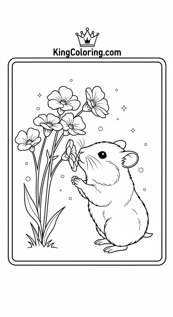Hamster coloring pages featuring a hamster sniffing flowers