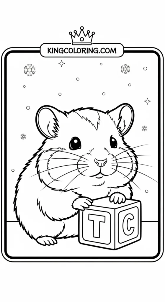 Hamster coloring pages illustrating a baby hamster hiding partially behind a toy