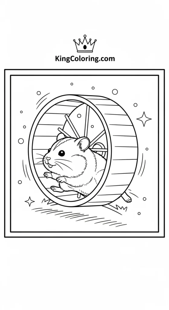 Hamster coloring pages showing a tiny hamster running inside a wheel