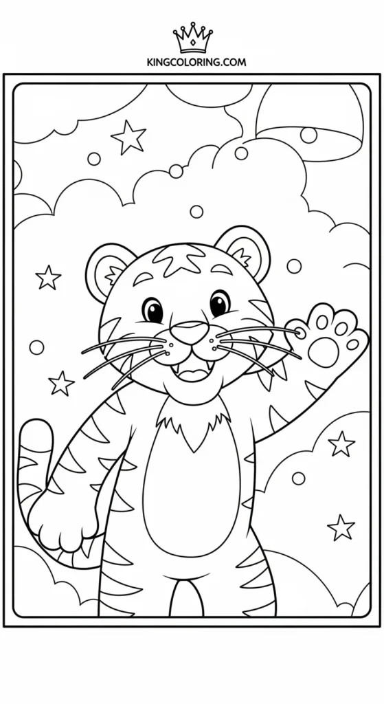Happy Cartoon Tiger Waving Coloring Sheet