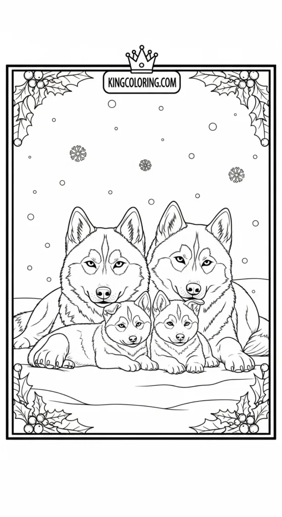 Husky coloring pages depicting a husky family resting together on snow