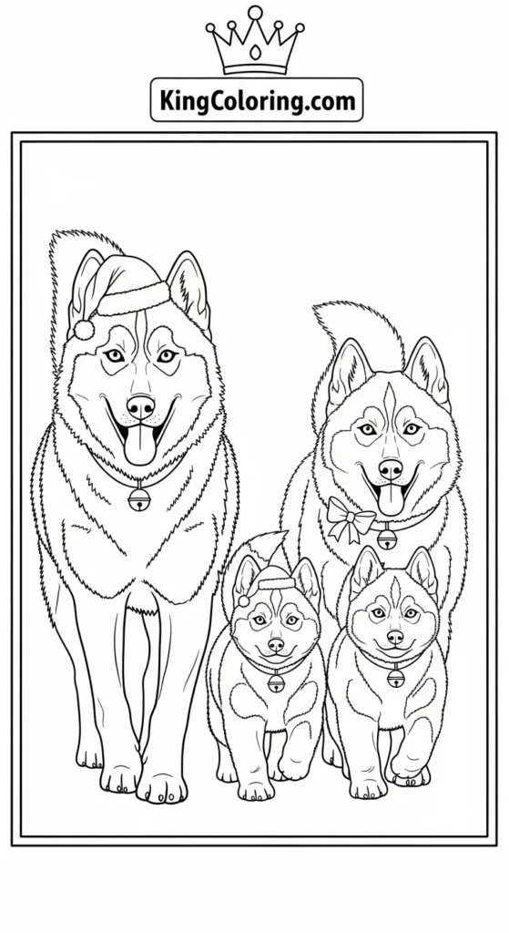 Husky coloring pages depicting a husky family walking together