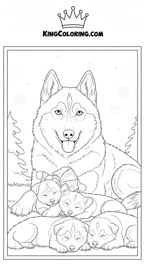 Husky coloring pages depicting a parent husky watching over resting puppies