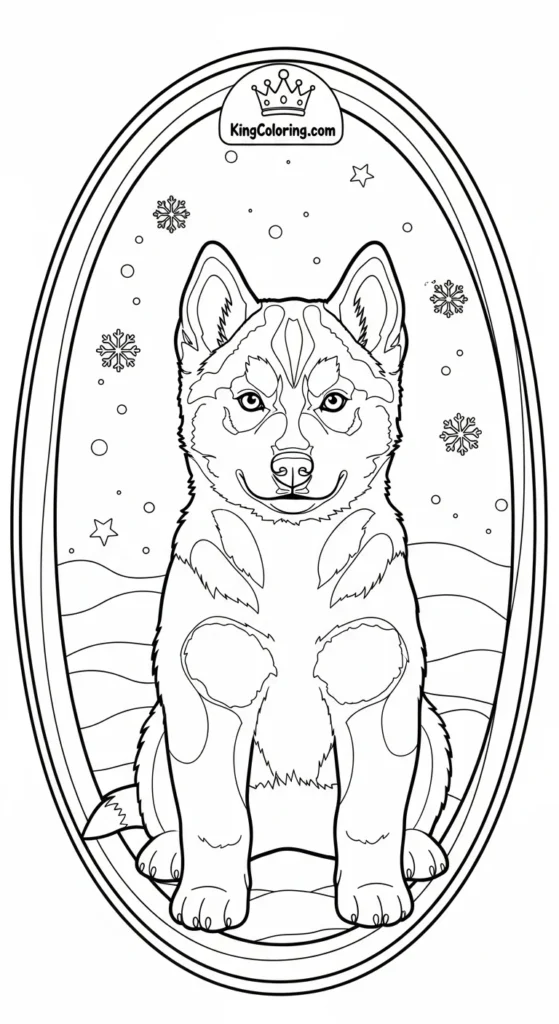 Husky coloring pages depicting a small husky sitting inside an oval frame