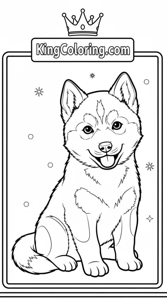 Husky coloring pages featuring a small cute husky sitting calmly, fluffy tail curled