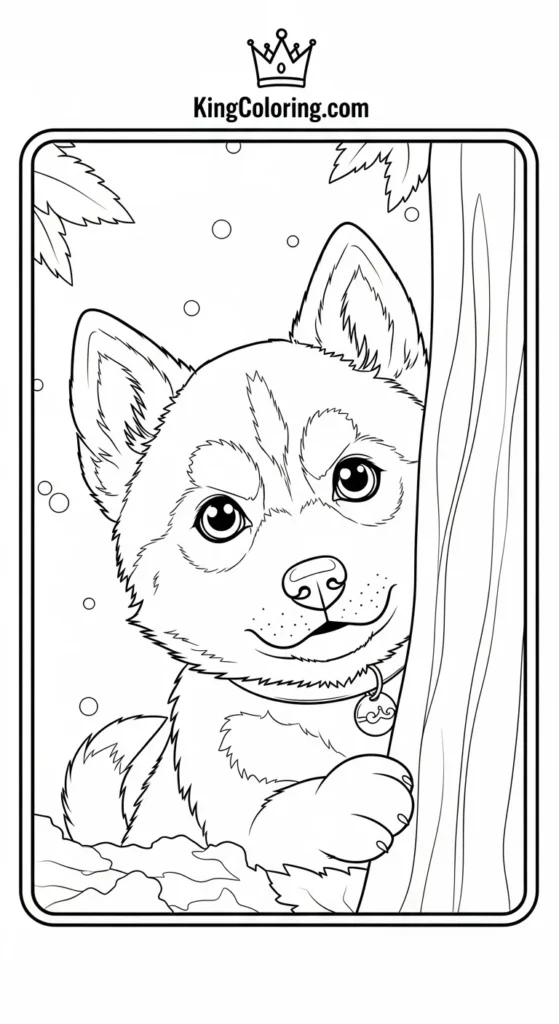 Husky coloring pages featuring a tiny husky peeking from behind a tree