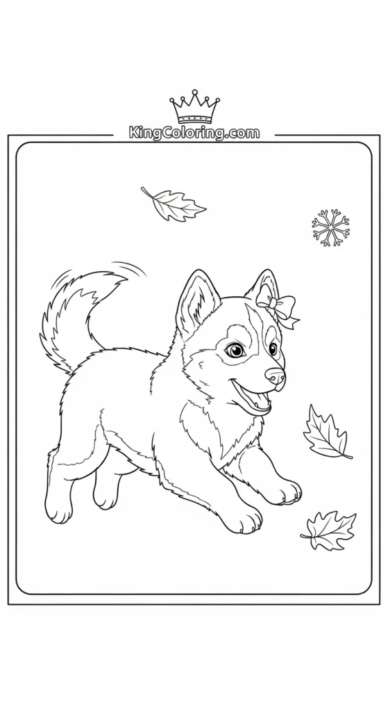 Husky coloring pages illustrating a baby husky chasing falling leaves