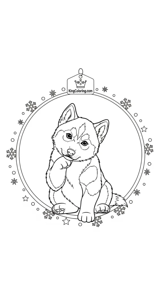 Husky coloring pages illustrating a baby husky sitting inside a circular decorative frame