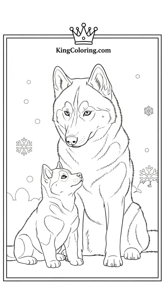 Husky coloring pages illustrating a husky parent sitting beside a puppy