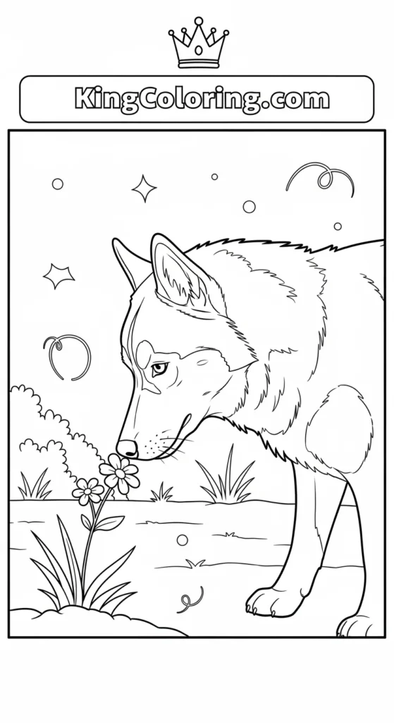 Husky coloring pages illustrating a husky sniffing flowers