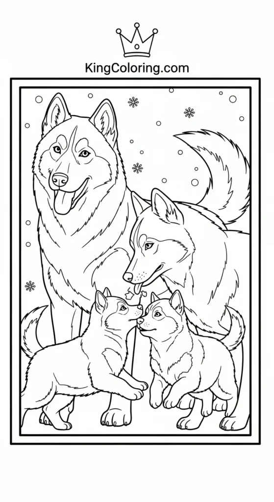 Husky coloring pages showing a husky family at different angles