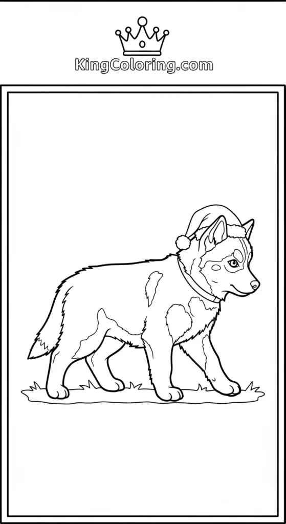 Husky coloring pages showing a small husky walking slowly