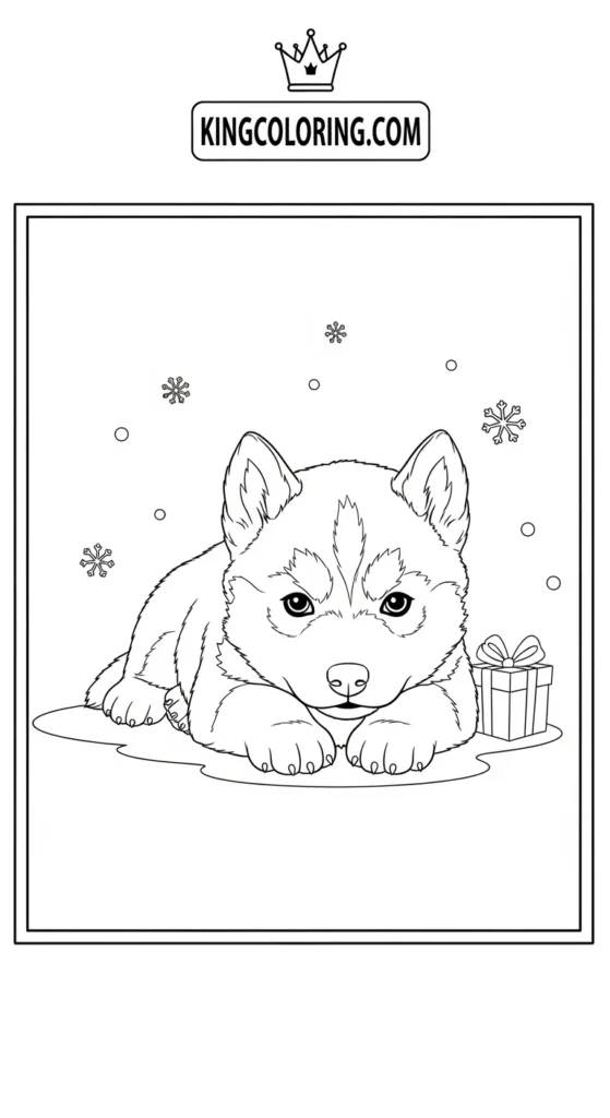 Husky coloring pages showing a tiny husky puppy lying on its belly