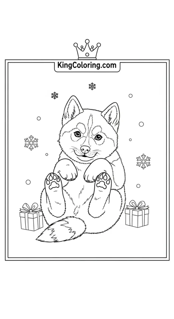 Husky coloring pages showing a tiny husky rolling on its back