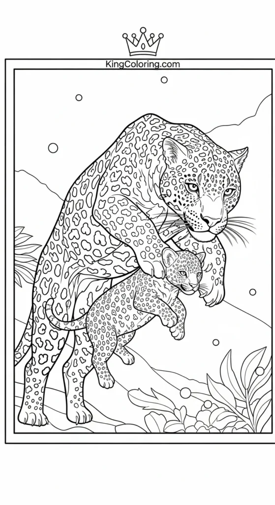 Jaguar Leaping With Cub Coloring Page