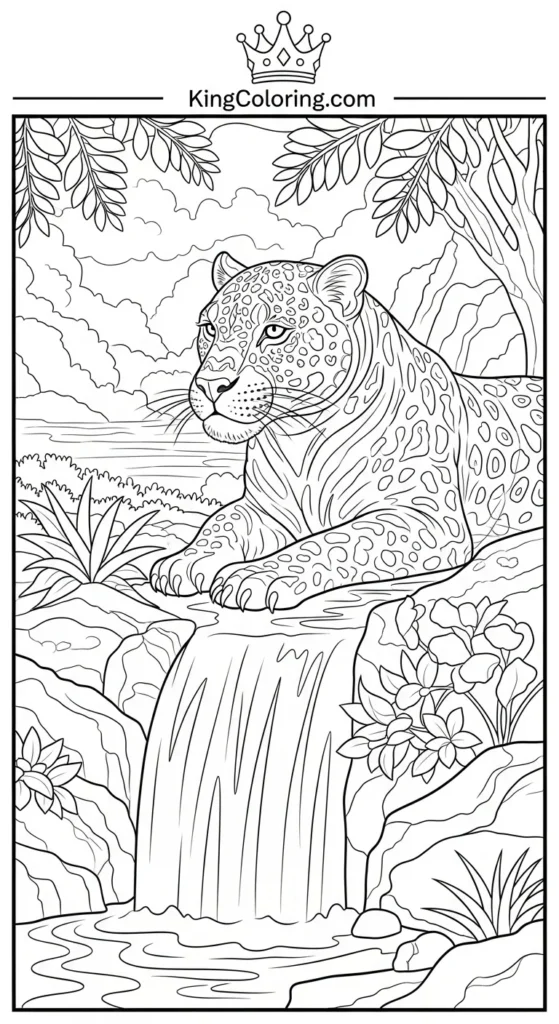 Jaguar Lying Beside Waterfall Coloring Page