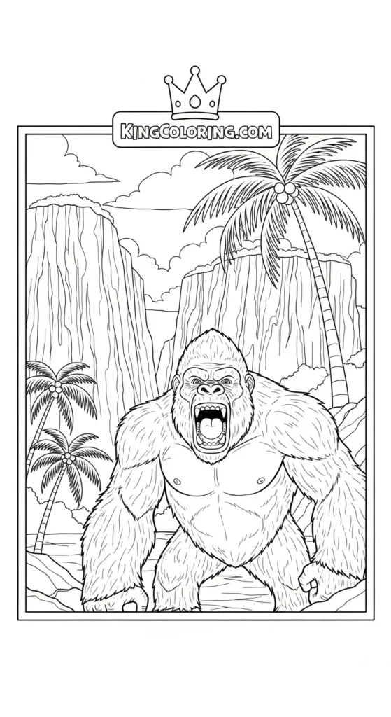 King Kong coloring pages illustrating King Kong on Skull Island with cliffs and palms