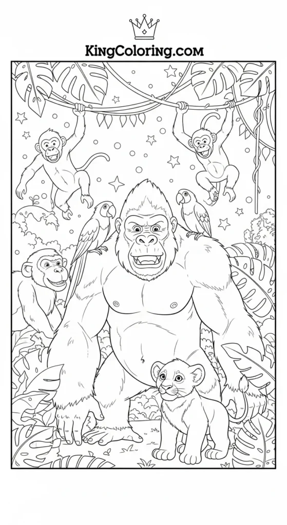 King Kong coloring pages illustrating King Kong surrounded by jungle animals