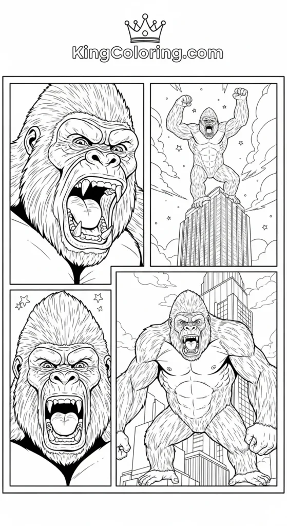 King Kong coloring pages showing King Kong at different angles