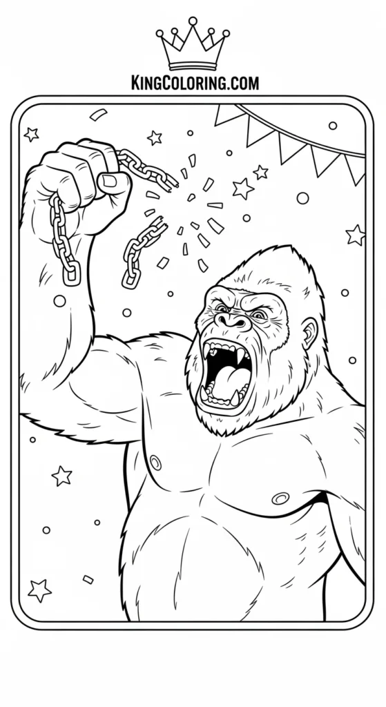 King Kong coloring pages showing King Kong holding a broken chain