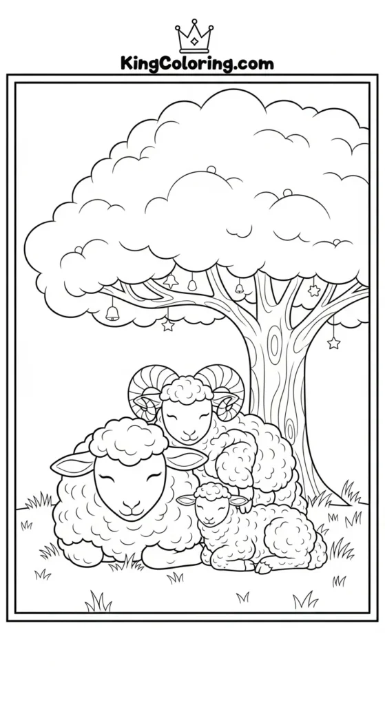Lamb coloring page depicting a lamb family resting together under a tree