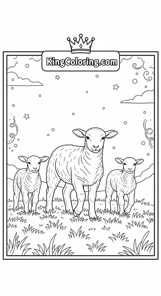 Lamb coloring page depicting a lamb family walking together across grass, staggered positions