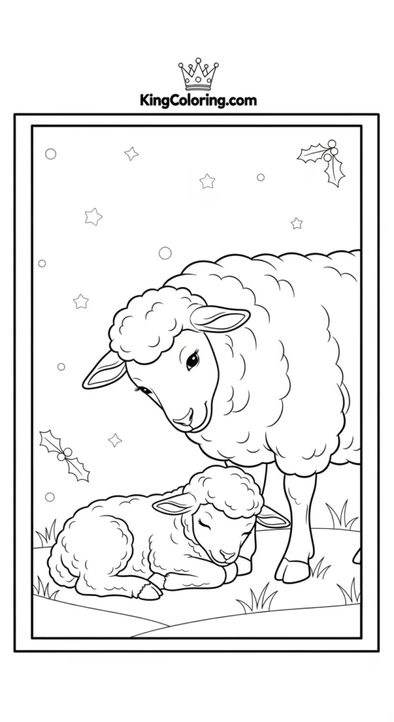 Lamb coloring page depicting a parent sheep watching over a resting lamb
