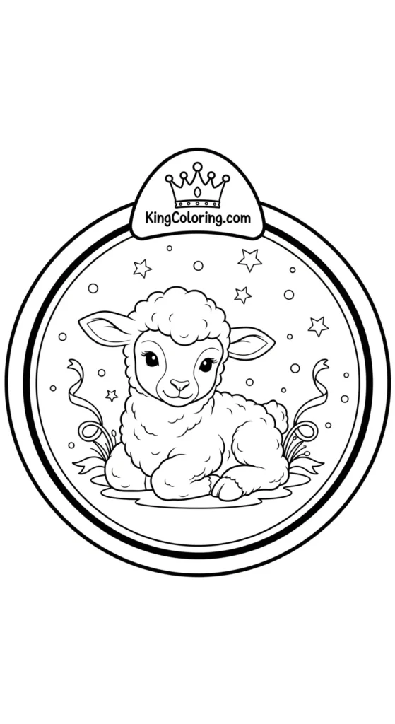 Lamb coloring page depicting a small cute lamb centered inside a rounded decorative frame