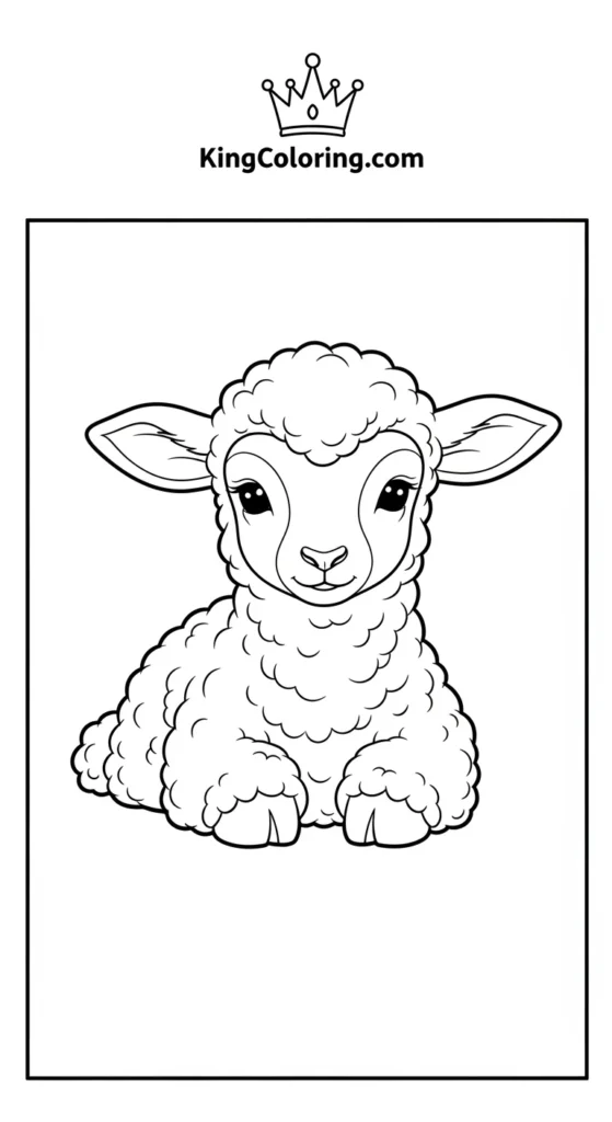 Lamb coloring page featuring a small cute lamb sitting calmly, fluffy wool texture