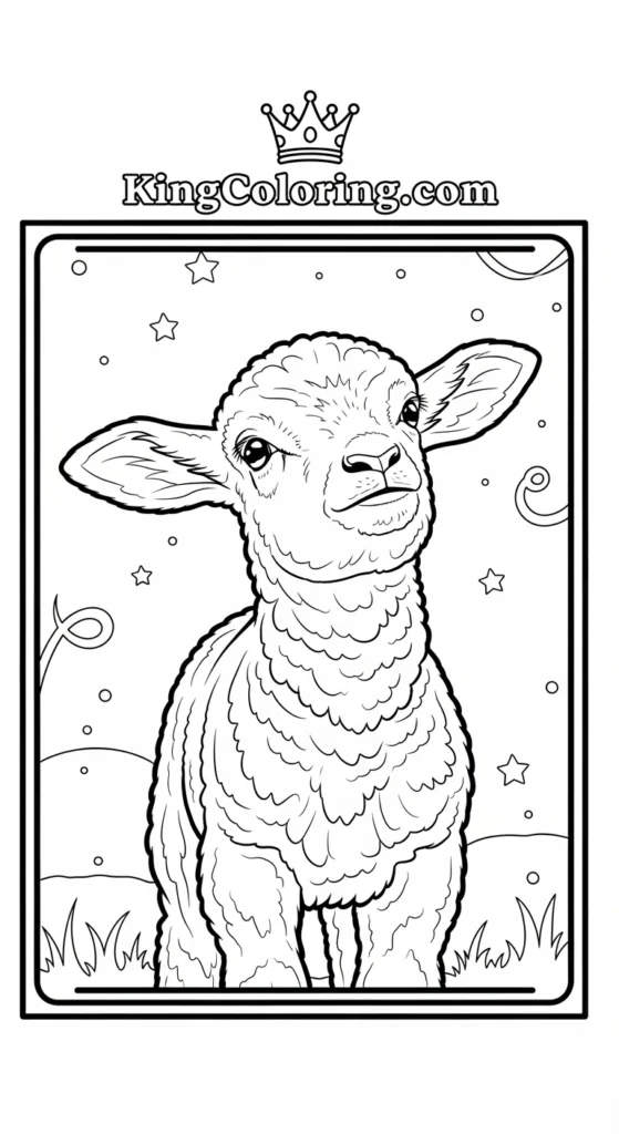 Lamb coloring page featuring a small lamb looking upward with ears perked