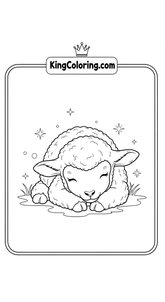 Lamb coloring page featuring a small lamb lying on its belly with chin resting on the ground