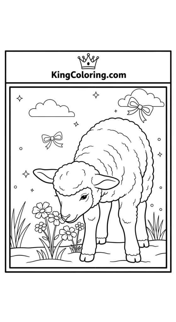 Lamb coloring page illustrating a lamb sniffing flowers, gentle pose