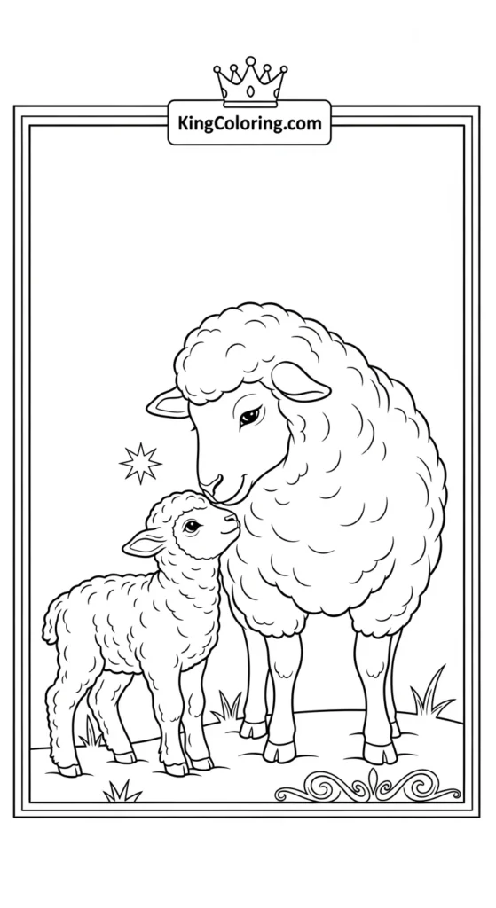 Lamb coloring page illustrating a mother sheep standing beside her baby lamb