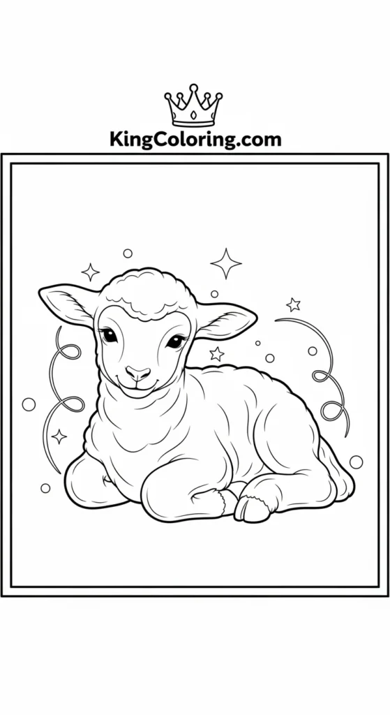 Lamb coloring page showing a small lamb lying down with legs tucked under