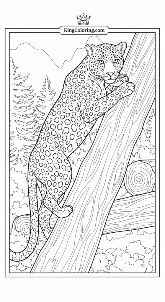 Leopard Climbing Over Fallen Logs Coloring Page