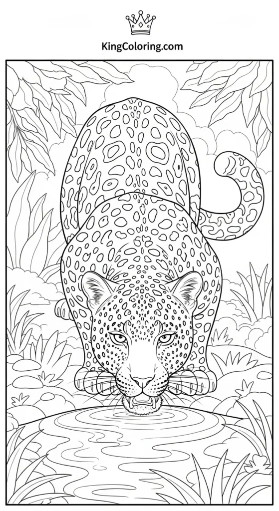 Leopard Drinking From Jungle Stream Coloring Sheet