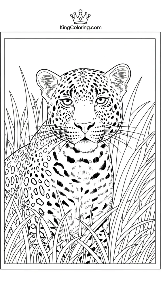 Leopard Prowling Through Tall Grass Coloring Page