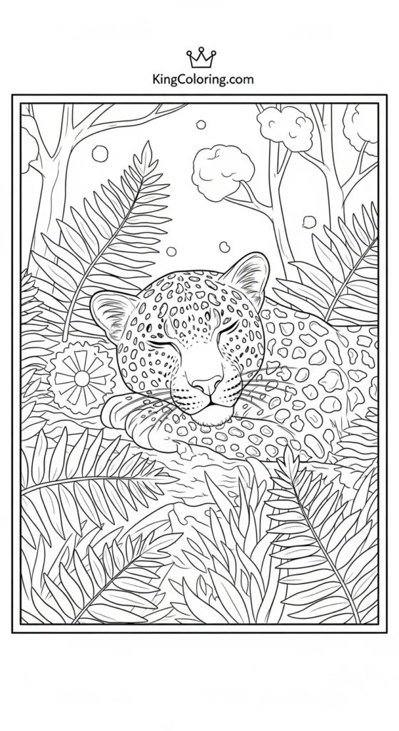 Leopard Sleeping Curled Under Ferns Coloring Page